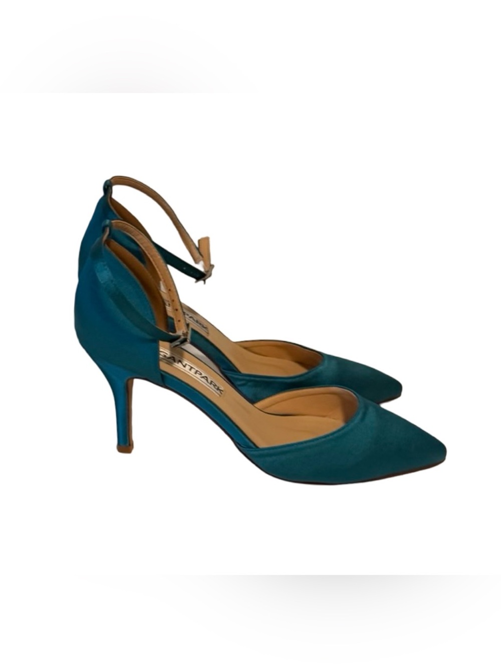 Brand New Elegant Park Teal Satin Pointed-Toe Pumps with Slim Ankle Strap-SZ 8.5